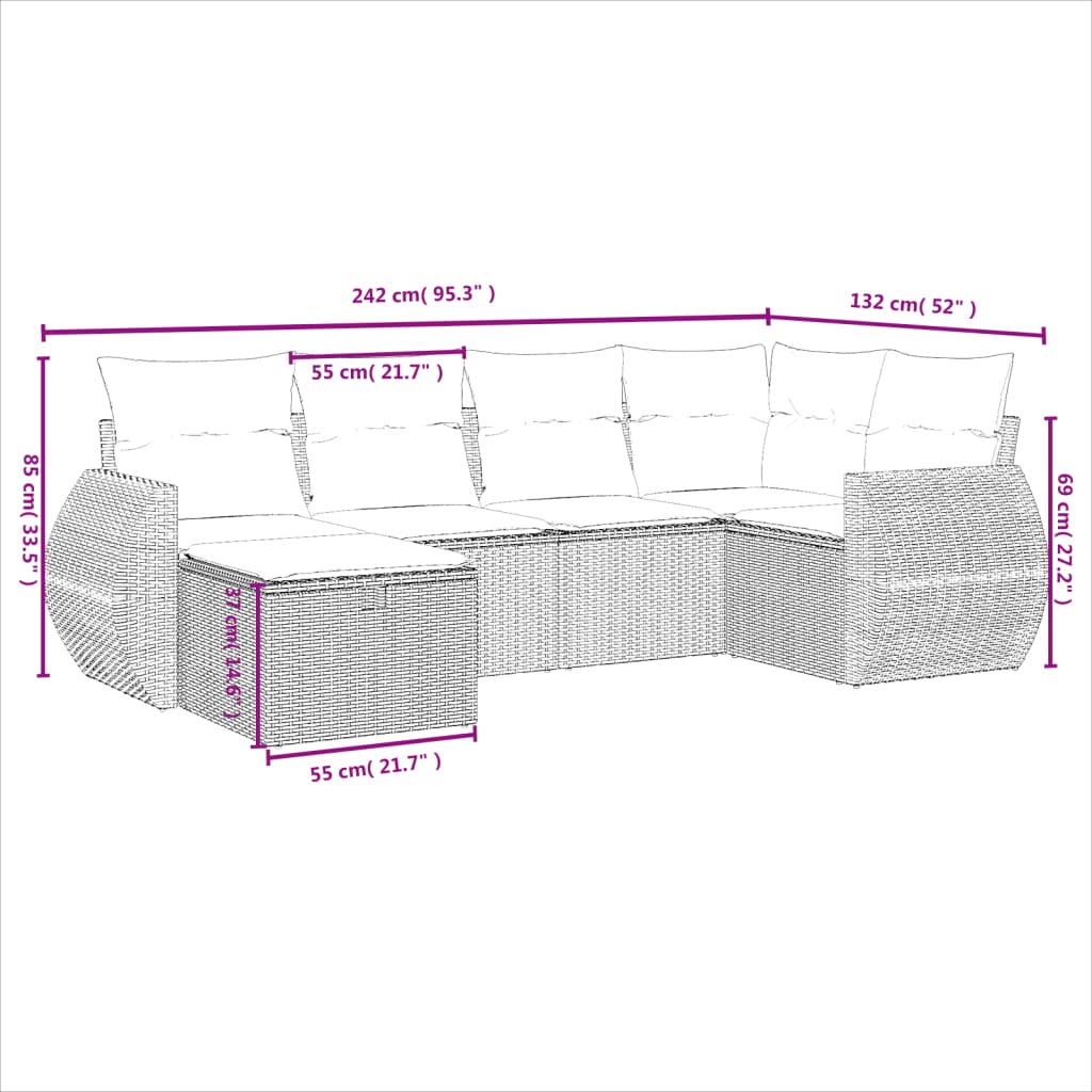 sofasæt til haven 6 dele med hynder polyrattan grå