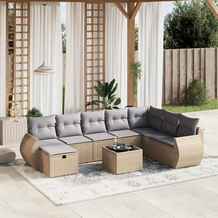 spisebordssæt til haven 9 dele med hynder polyrattan beige