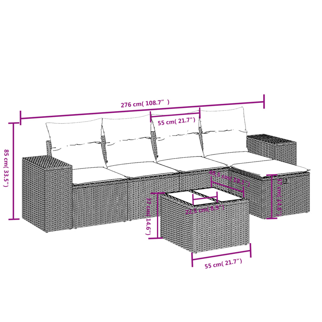 sofasæt til haven 6 dele med hynder polyrattan sort