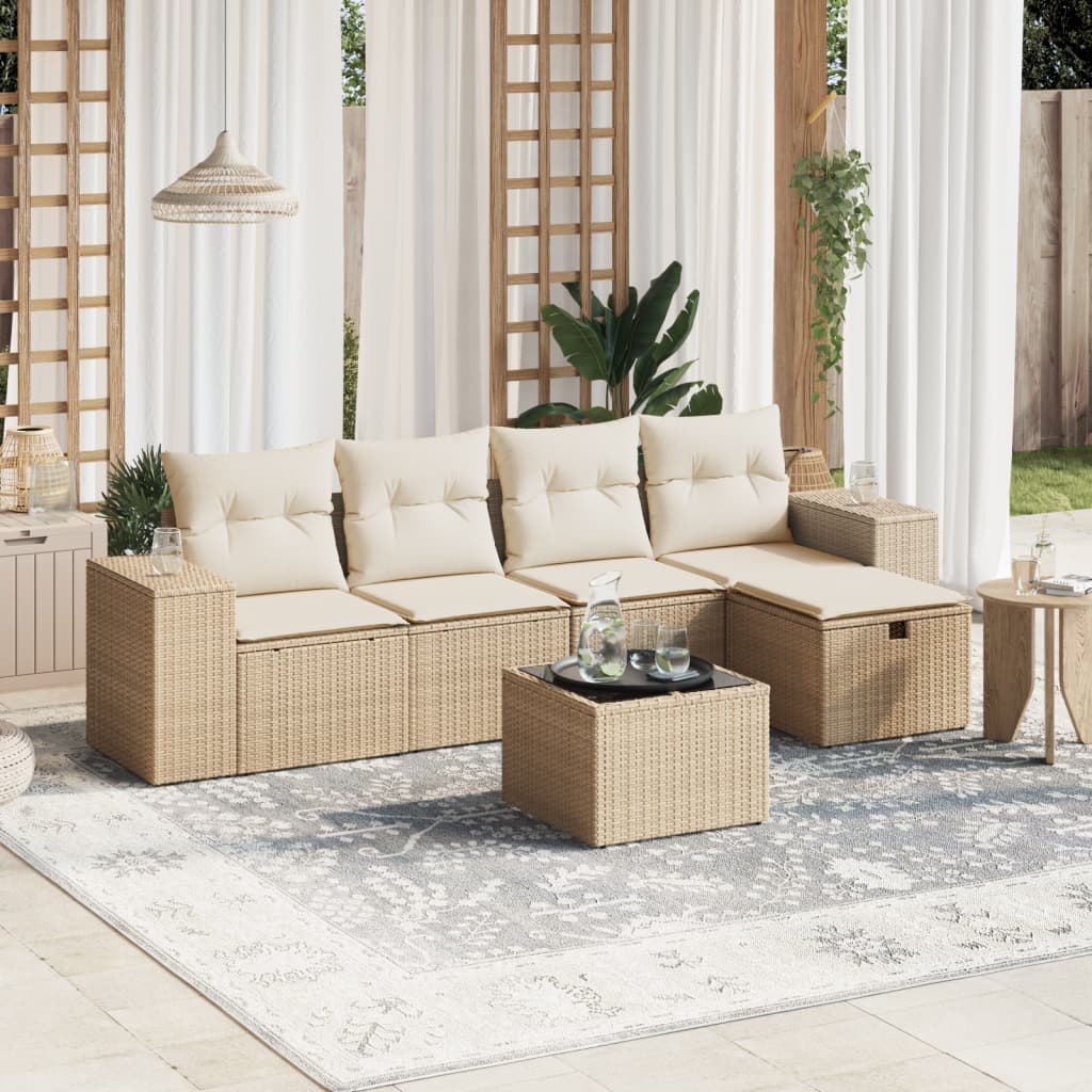 sofasæt til haven 6 dele med hynder polyrattan beige