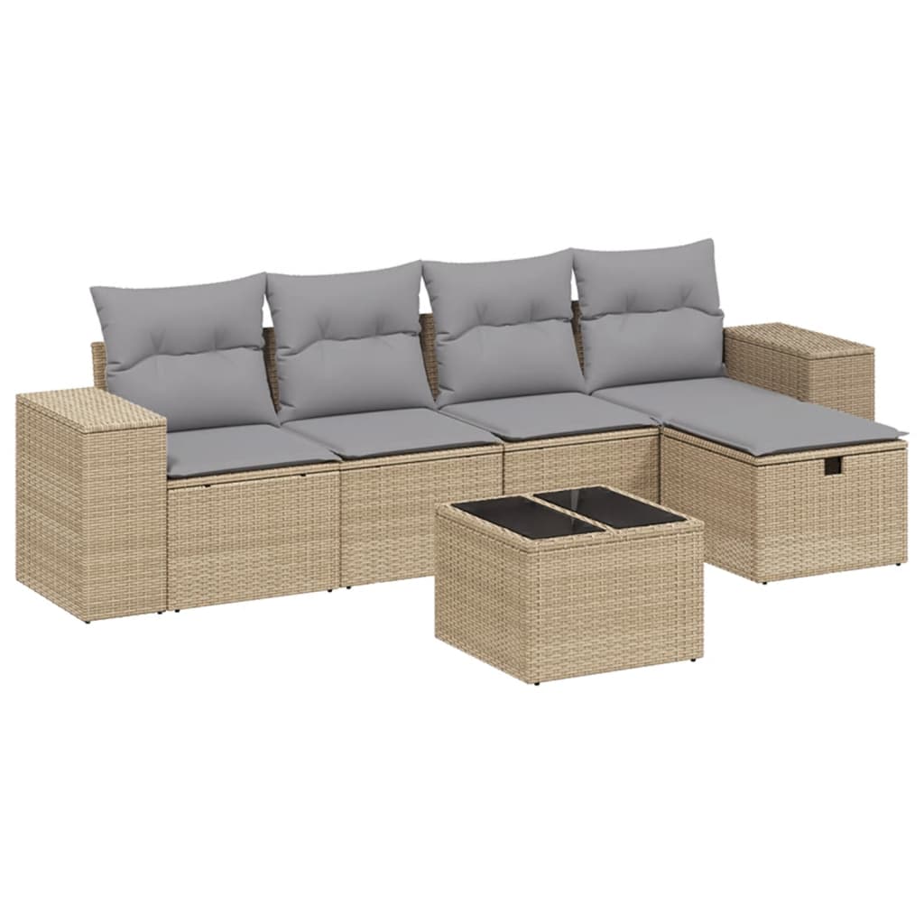 havesofasæt 6 dele med hynder polyrattan beige