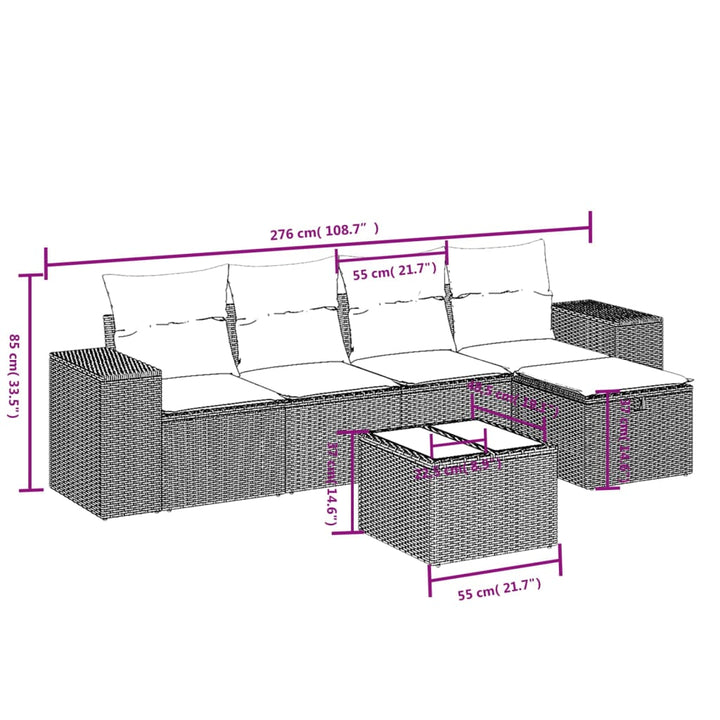 havesofasæt med 6 hynder brun polyrattan