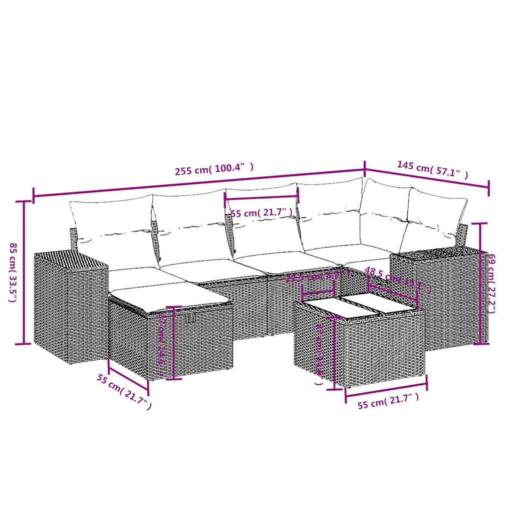 sofasæt til haven 7 dele med hynder polyrattan sort