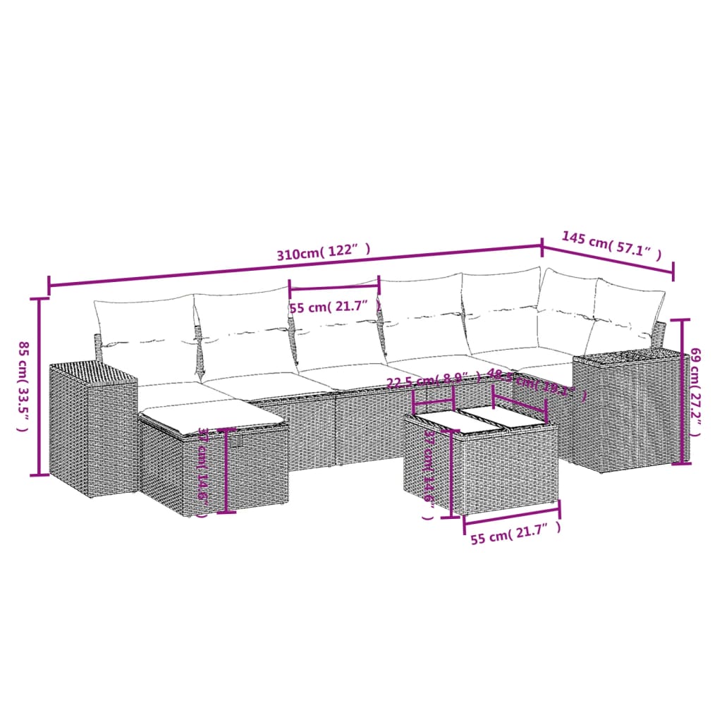 havesofasæt 8 dele med hynder polyrattan beige