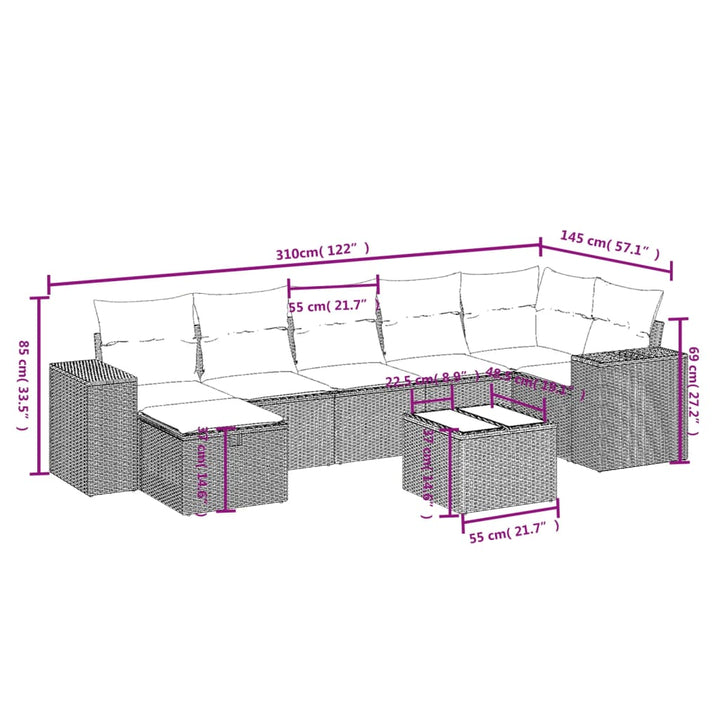 havesofasæt 8 dele med hynder polyrattan beige