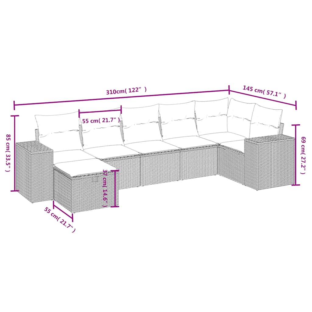 sofasæt til haven 7 dele med hynder polyrattan sort