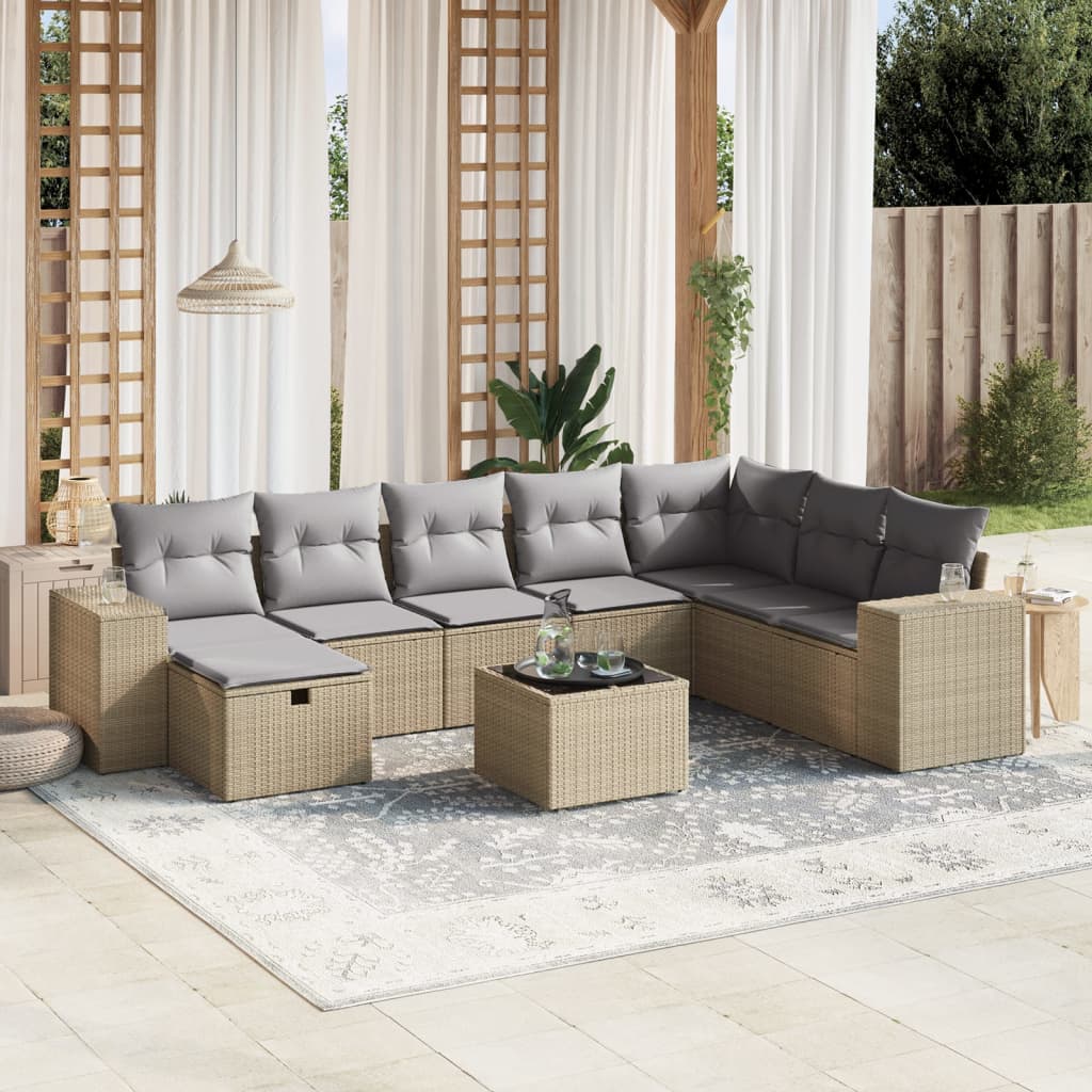 spisebordssæt til haven 9 dele med hynder polyrattan beige