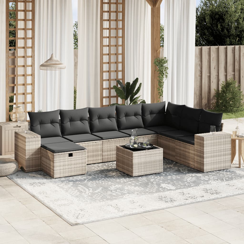 sofasæt til haven 9 dele med hynder polyrattan lysegrå