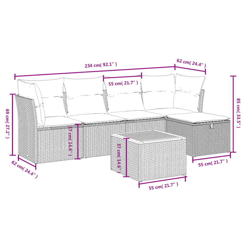 sofasæt til haven 6 dele med hynder polyrattan beige