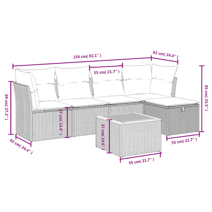 havesofasæt 6 dele med hynder polyrattan beige