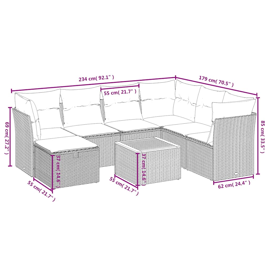 havesofasæt 8 dele med hynder polyrattan beige