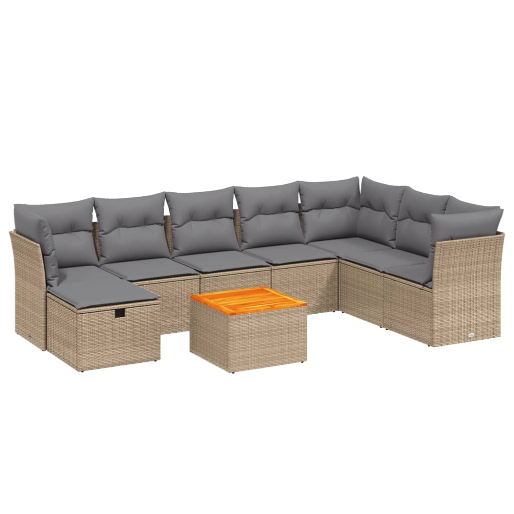 spisebordssæt til haven 9 dele med hynder polyrattan beige
