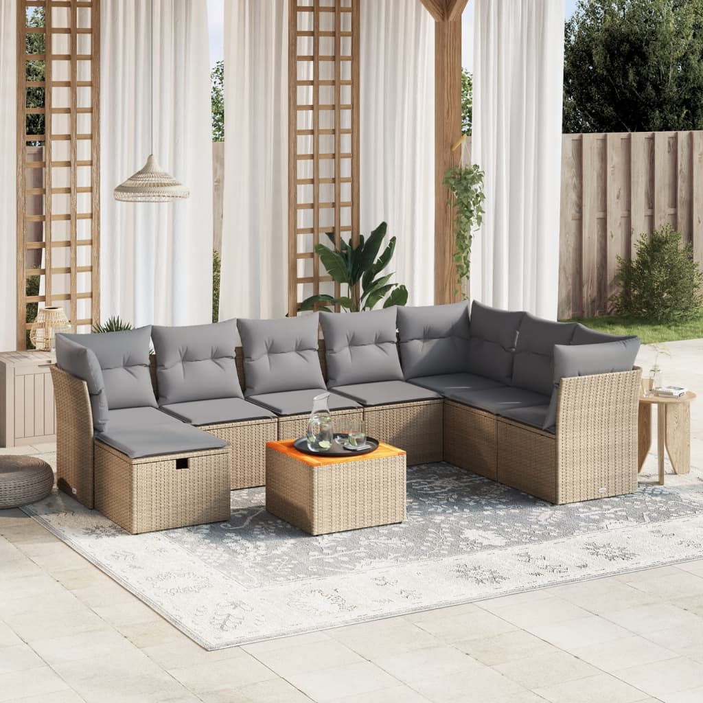 spisebordssæt til haven 9 dele med hynder polyrattan beige