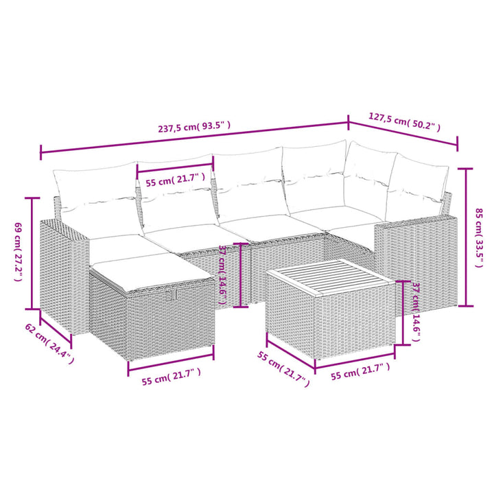 havesofasæt 7 dele med hynder polyrattan beige