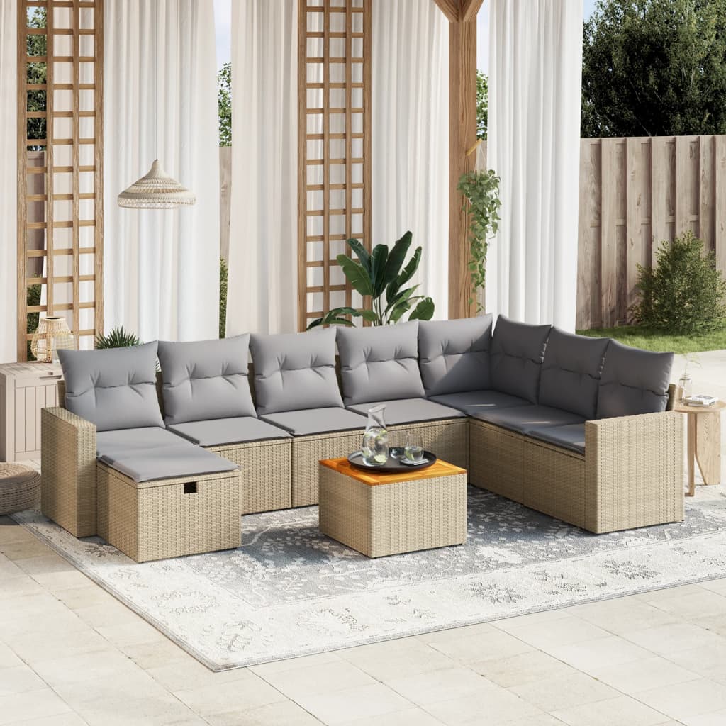 spisebordssæt til haven 9 dele med hynder polyrattan beige