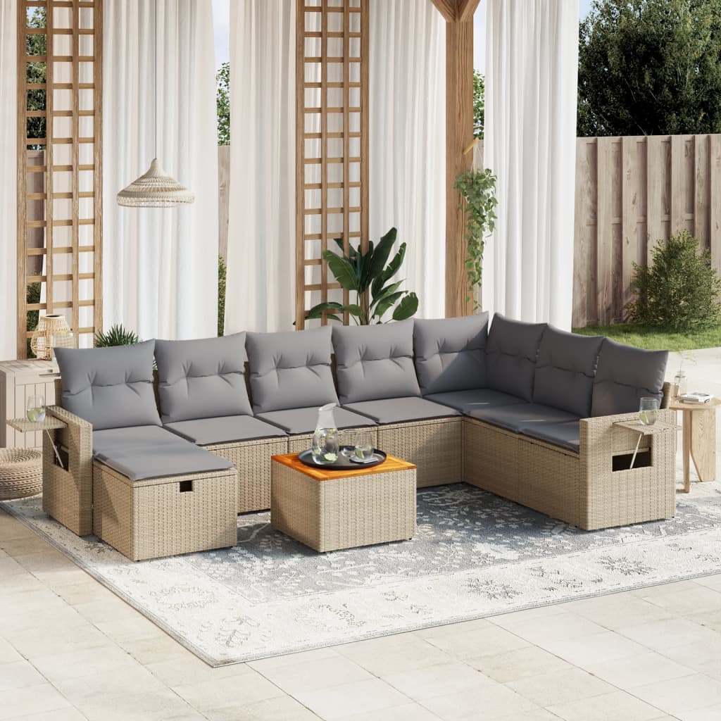 spisebordssæt til haven 9 dele med hynder polyrattan beige