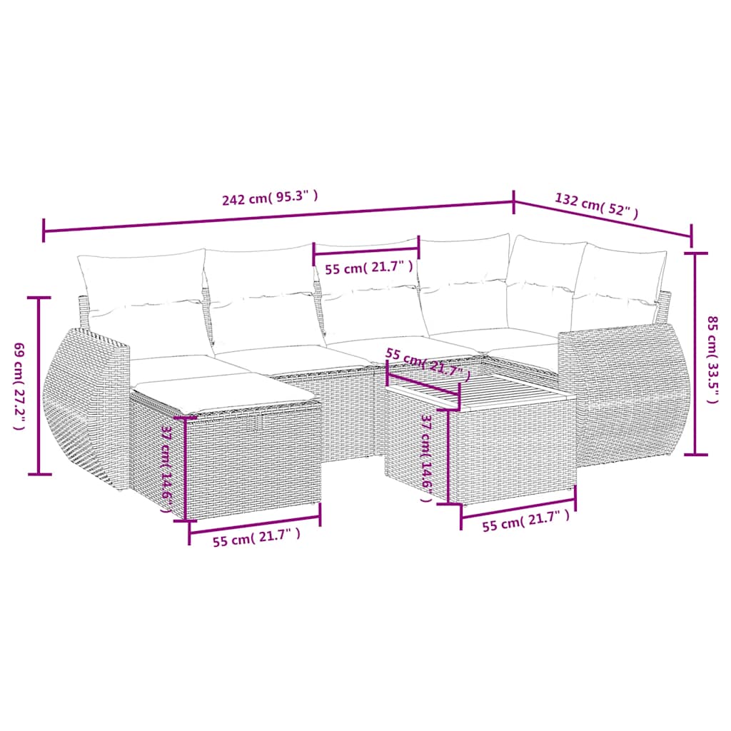 sofasæt til haven 7 dele med hynder polyrattan sort
