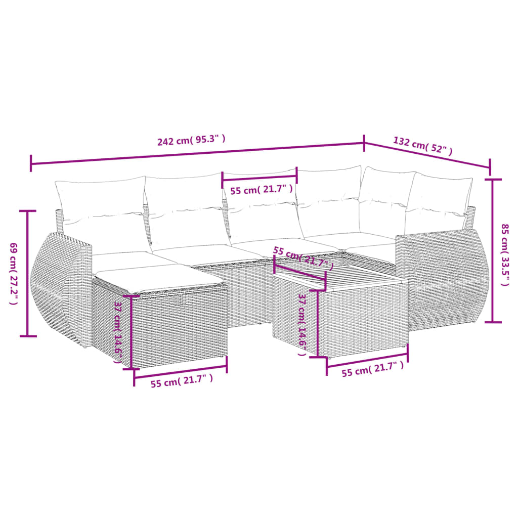 havesofasæt 7 dele med hynder polyrattan beige