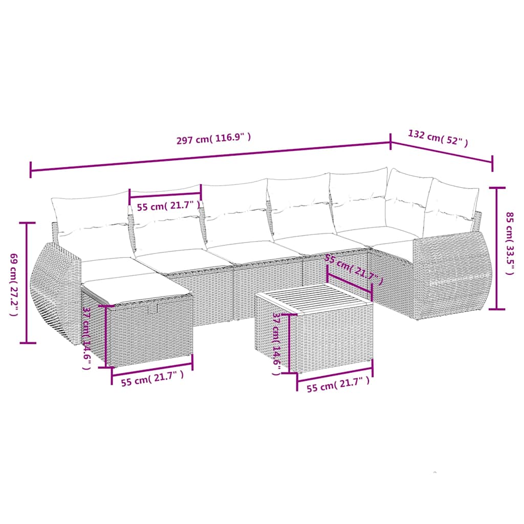 sofasæt til haven 8 dele med hynder polyrattan grå