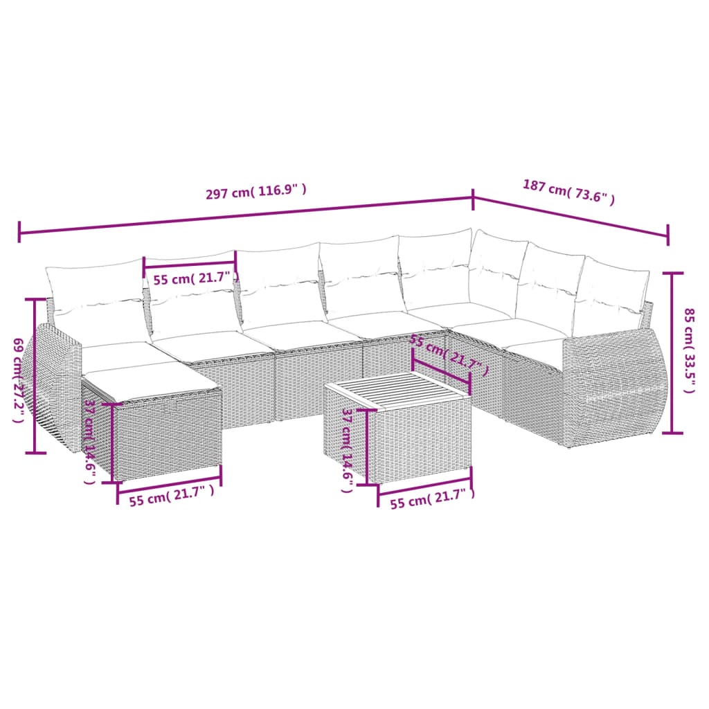 sofasæt til haven 9 dele med hynder polyrattan beige