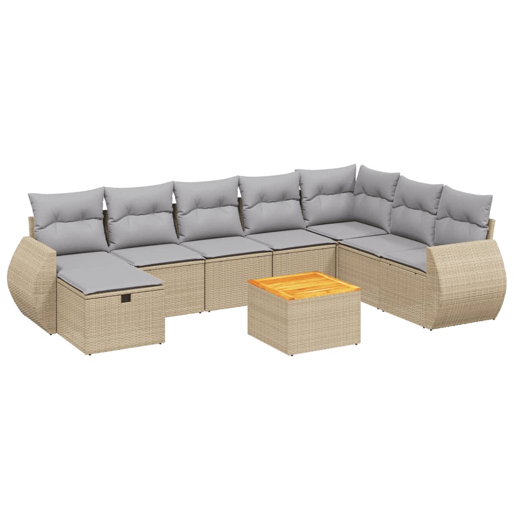 spisebordssæt til haven 9 dele med hynder polyrattan beige