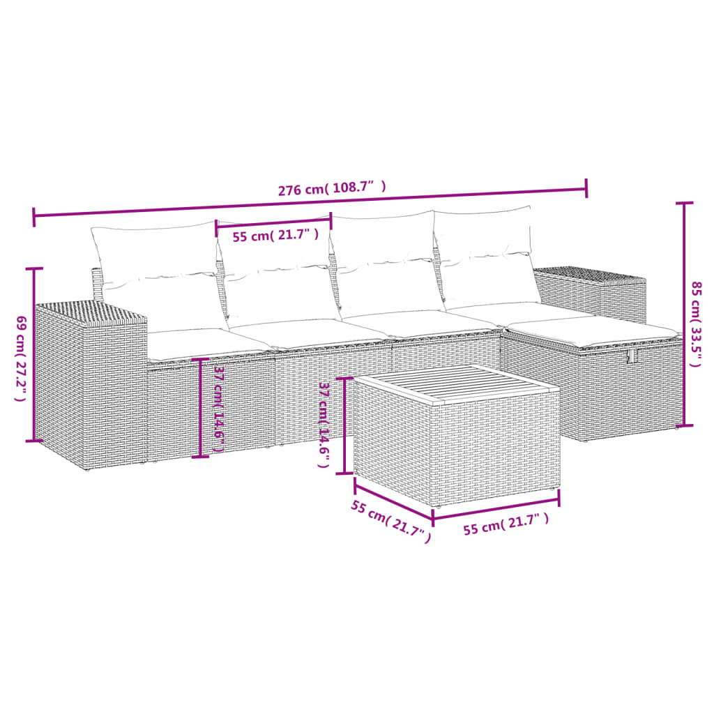 sofasæt til haven 6 dele med hynder polyrattan sort