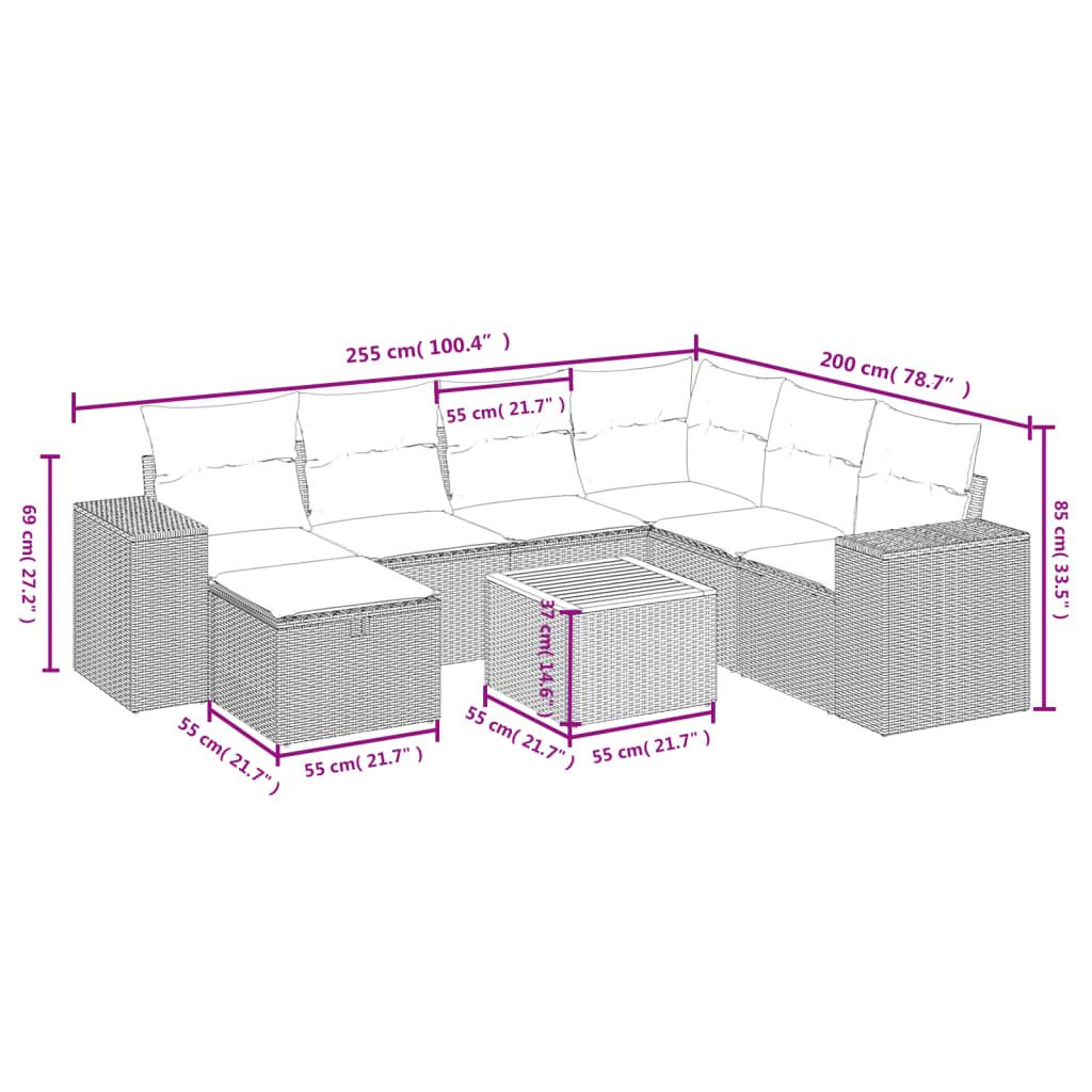 sofasæt til haven 8 dele med hynder polyrattan grå