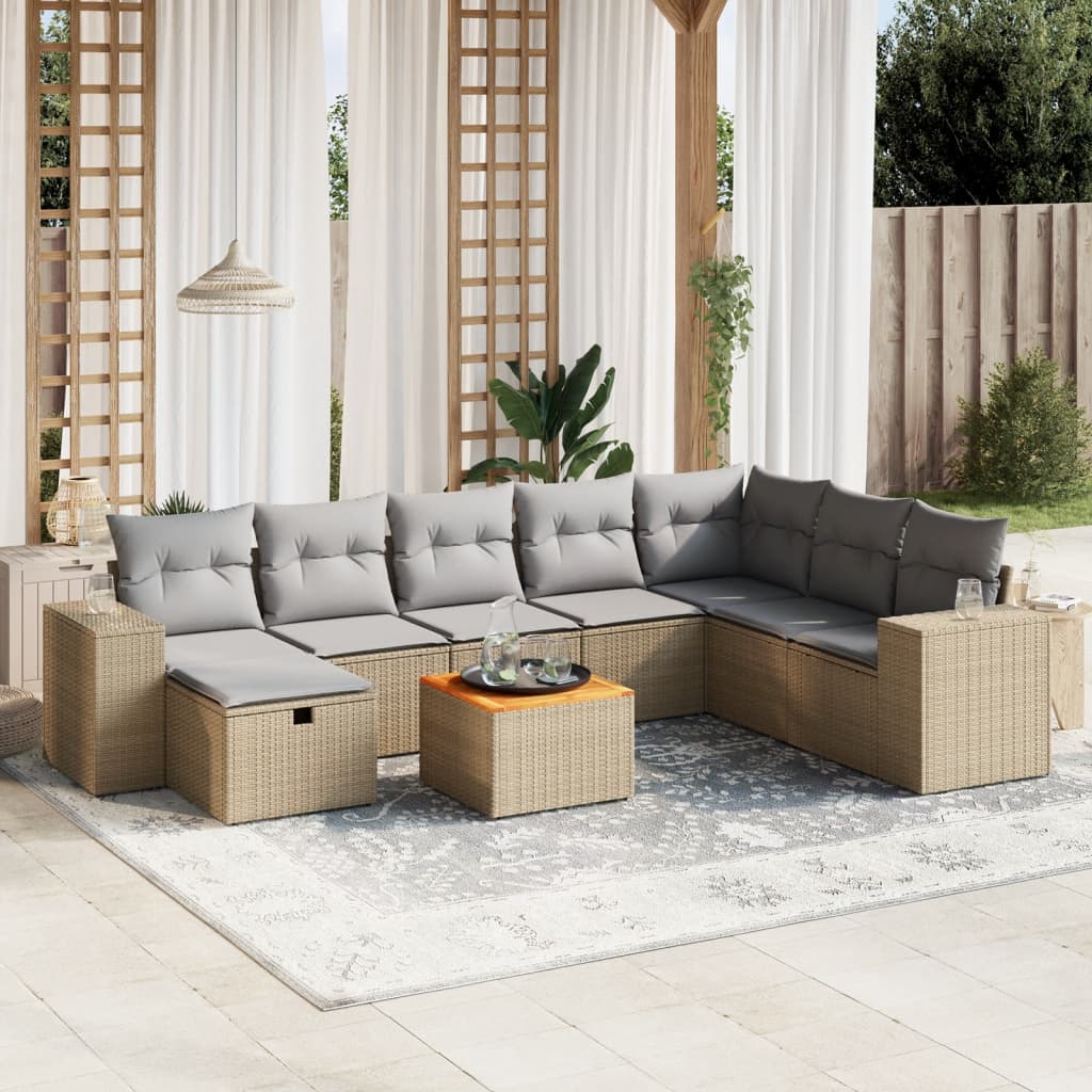 spisebordssæt til haven 9 dele med hynder polyrattan beige