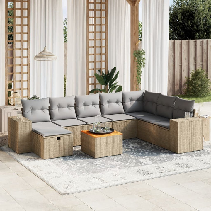 spisebordssæt til haven 9 dele med hynder polyrattan beige
