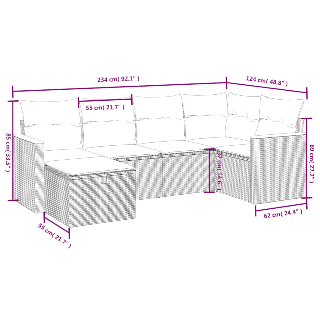 sofasæt til haven 6 dele med hynder polyrattan sort