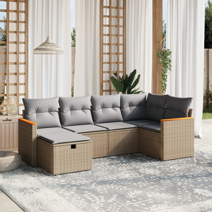 havesofasæt 6 dele med hynder polyrattan beige