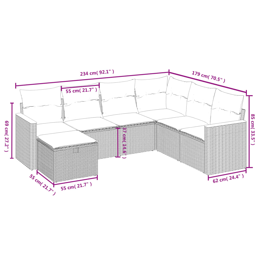 sofasæt til haven 7 dele med hynder polyrattan sort