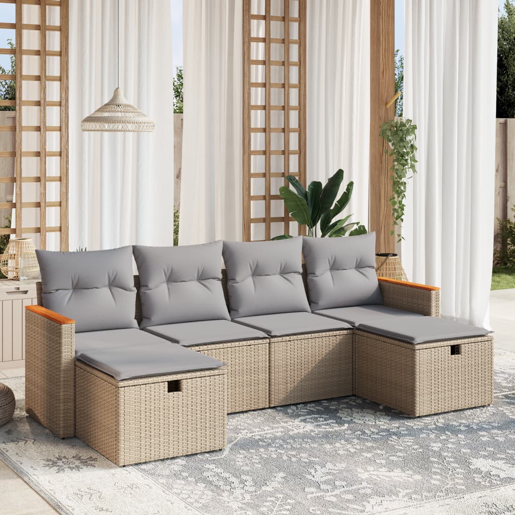 havesofasæt 6 dele med hynder polyrattan beige