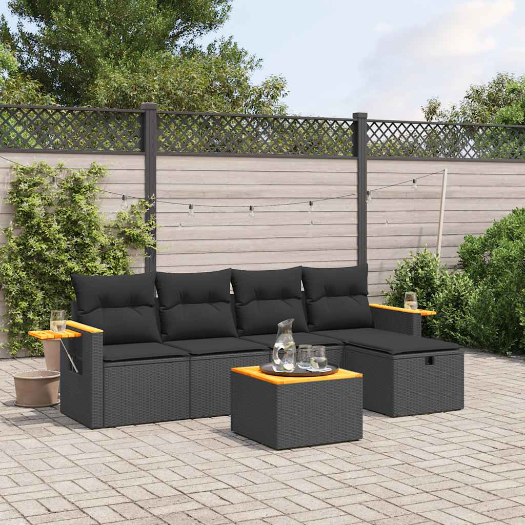 sofasæt til haven 6 dele med hynder polyrattan sort