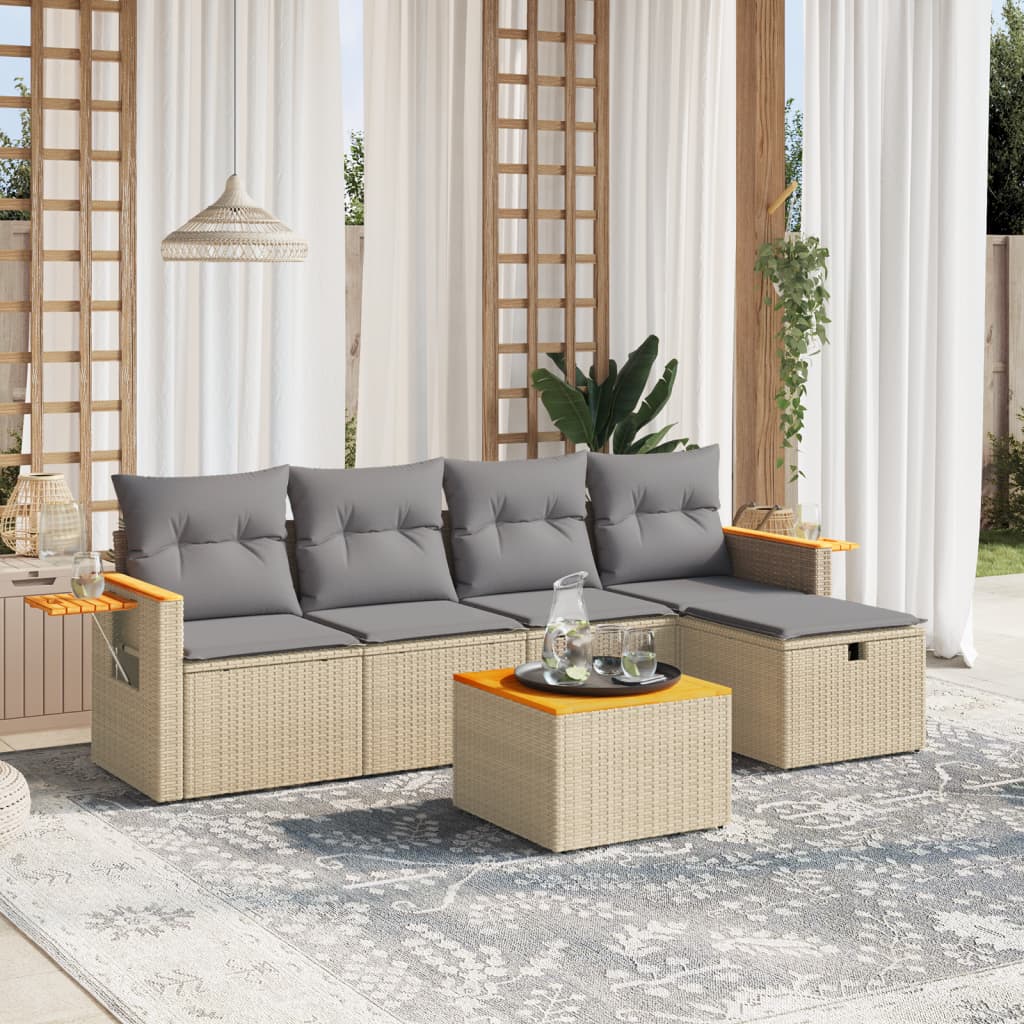 havesofasæt 6 dele med hynder polyrattan beige