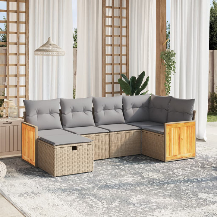 havesofasæt 6 dele med hynder polyrattan beige