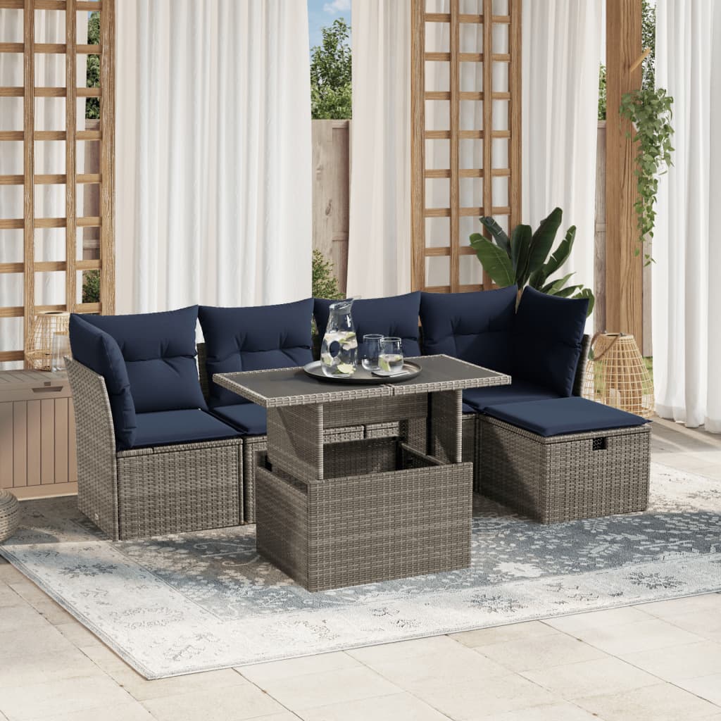 havesofasæt med 6 dele og hynder grå polyrattan