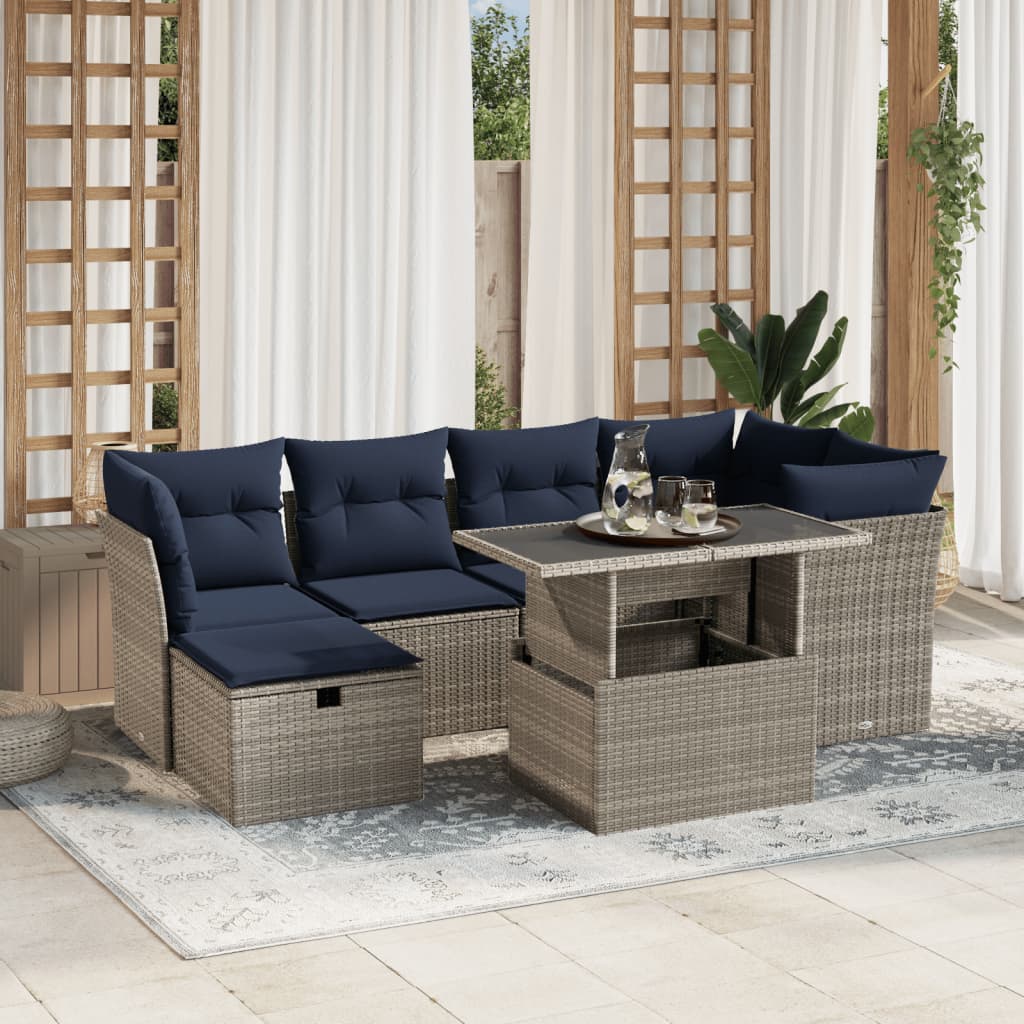 havesofasæt med 7 dele og hynder grå polyrattan