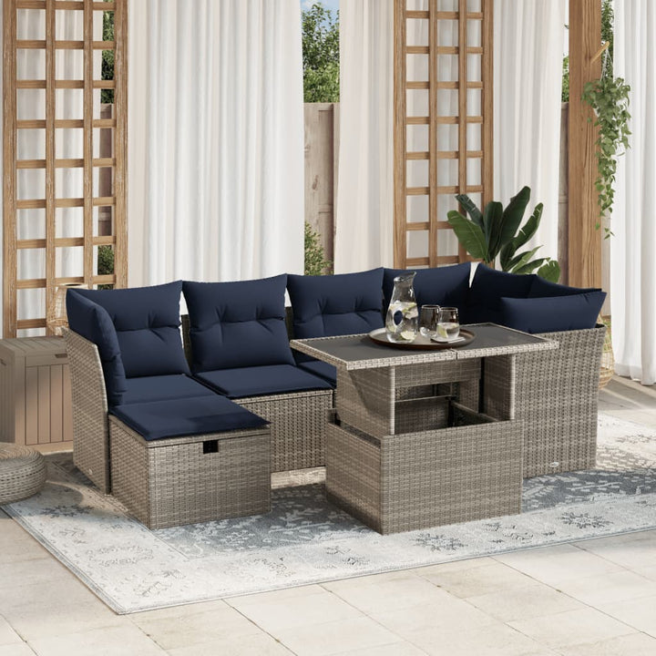 havesofasæt med 7 dele og hynder grå polyrattan