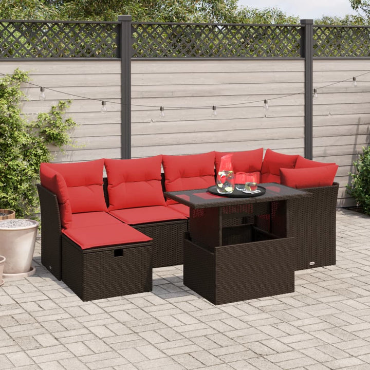 havesofasæt med 7 hynder brun polyrattan