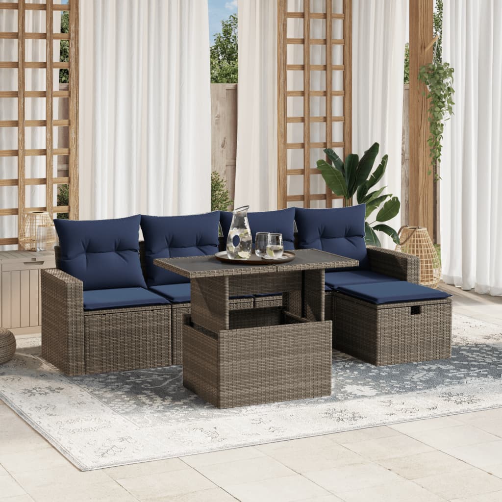 havesofasæt med 6 dele og hynder grå polyrattan