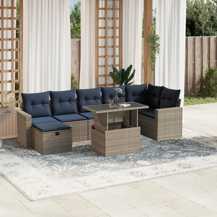 havesofasæt med 8 hynder grå polyrattan