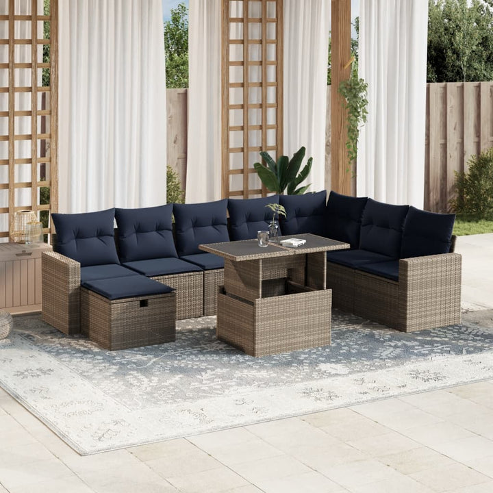 havesofasæt med 9 dele og hynder grå polyrattan