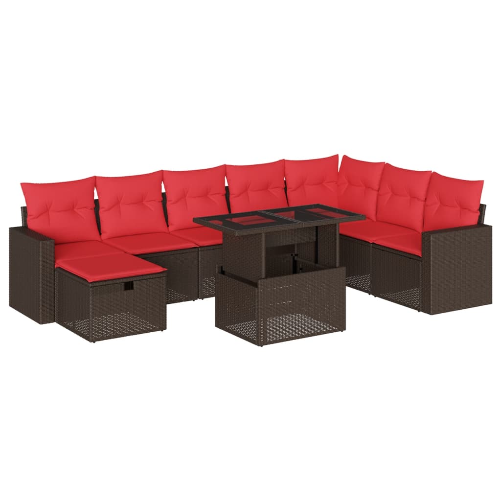 havesofasæt med 9 dele og hynder brun polyrattan