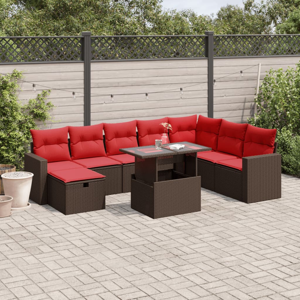 havesofasæt med 9 dele og hynder brun polyrattan