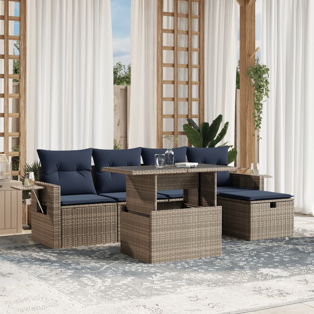 havesofasæt med 6 dele og hynder grå polyrattan