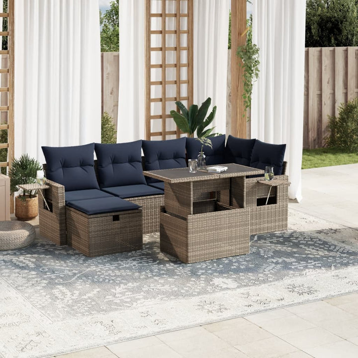 havesofasæt med 7 dele og hynder grå polyrattan