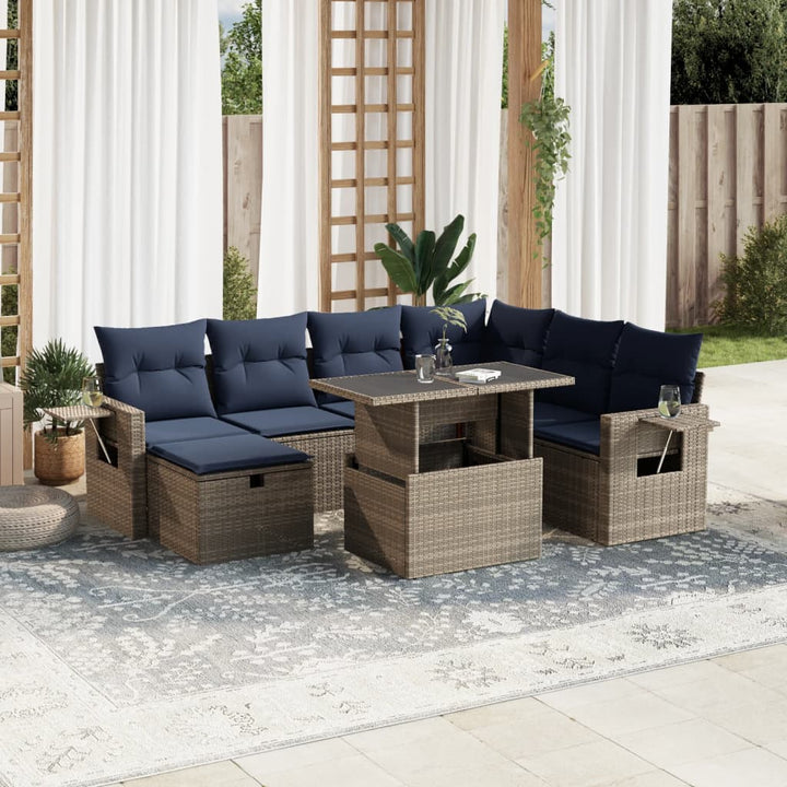 havesofasæt med 8 hynder grå polyrattan