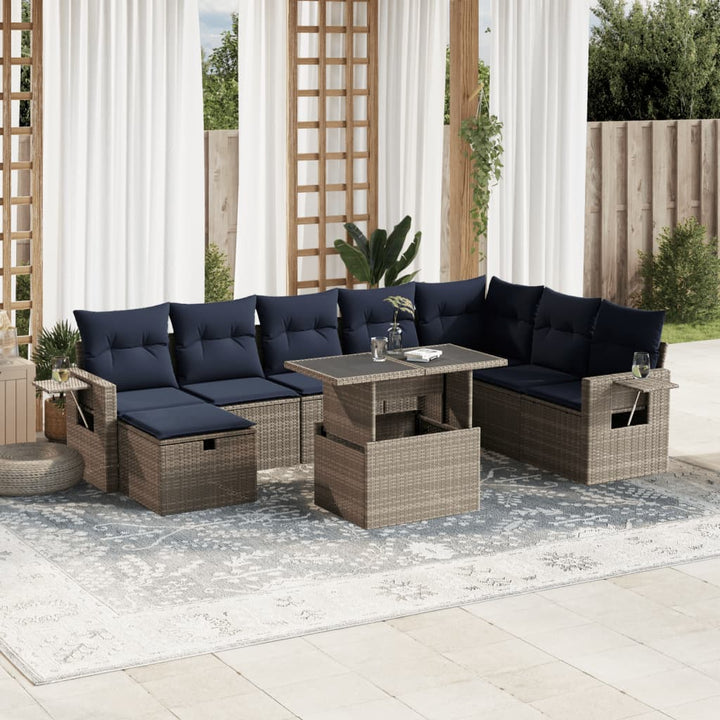havesofasæt med 9 dele og hynder grå polyrattan