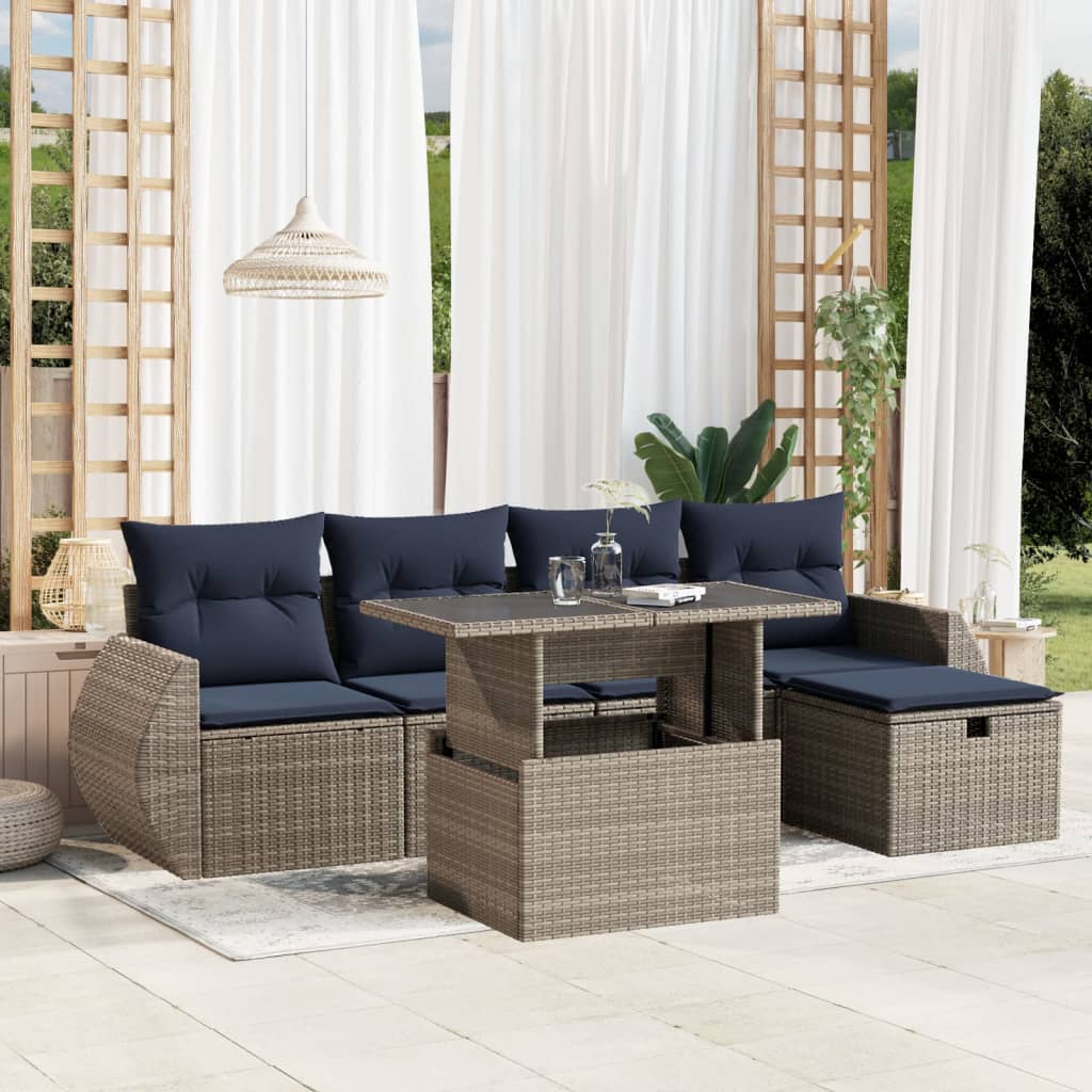 havesofasæt med 6 dele og hynder grå polyrattan